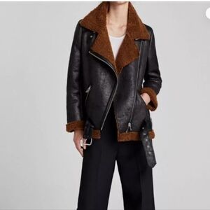 ZARA Women's Oversized Black Metallic Aviator Moto Biker Coat